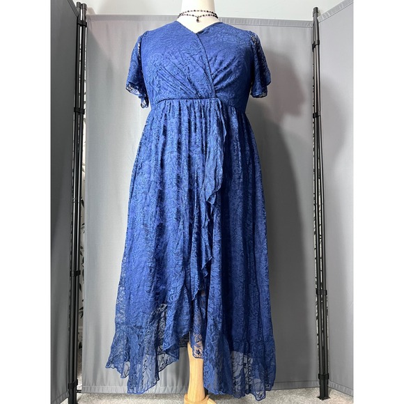 PK Dresses & Skirts - Royal Blue Floral Lace High-Low Faux Wrap Empire Waist Dress with Ruffle Detail